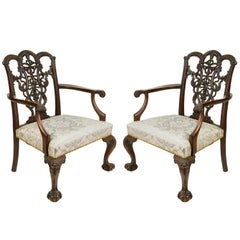 Large Pair of Chippendale Ribbon Back Armchairs, 19th Century
