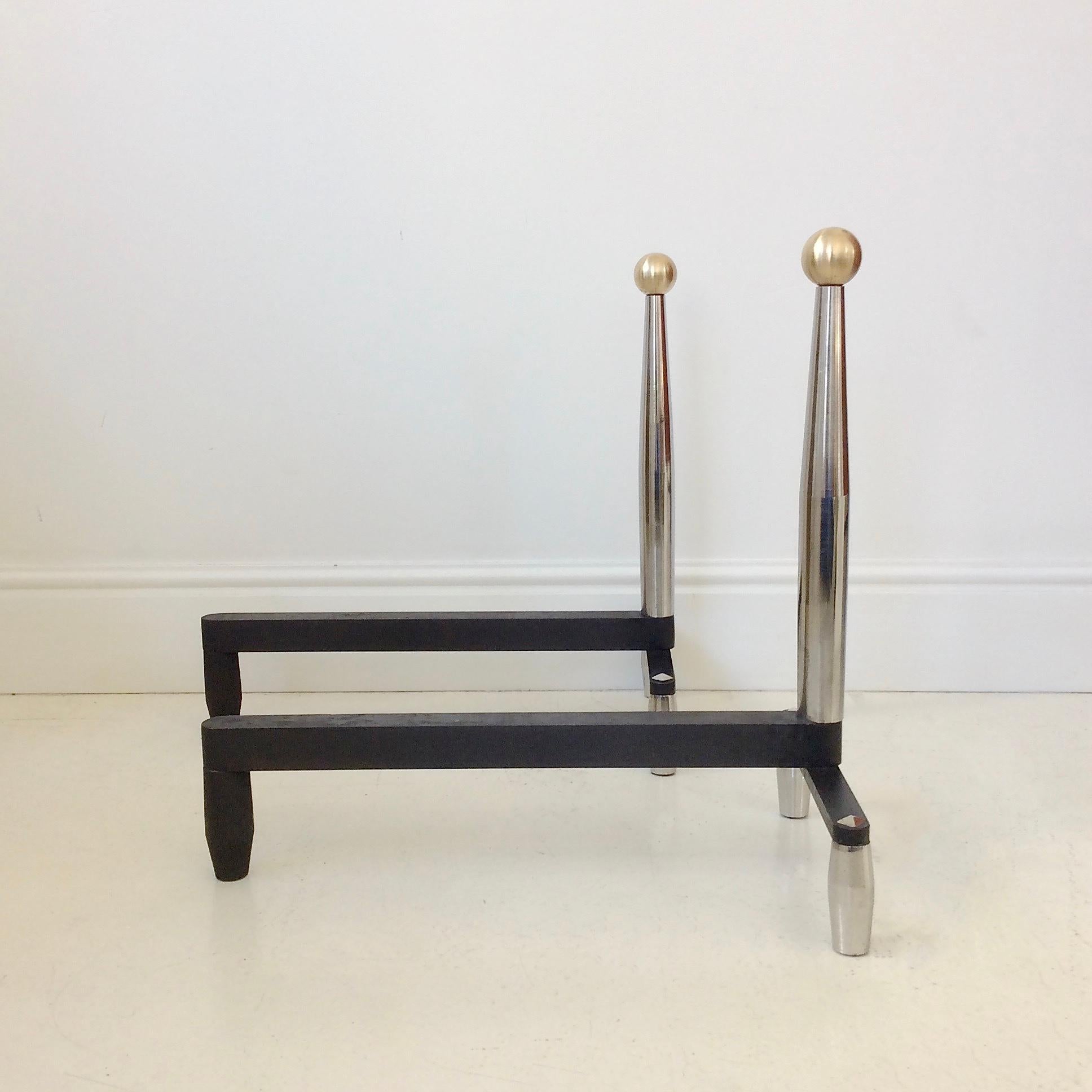 Large Pair of Chrome and Brass Andirons, circa 1960, France 4