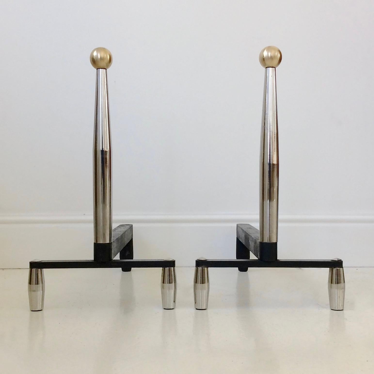 Large Pair of Chrome and Brass Andirons, circa 1960, France 5