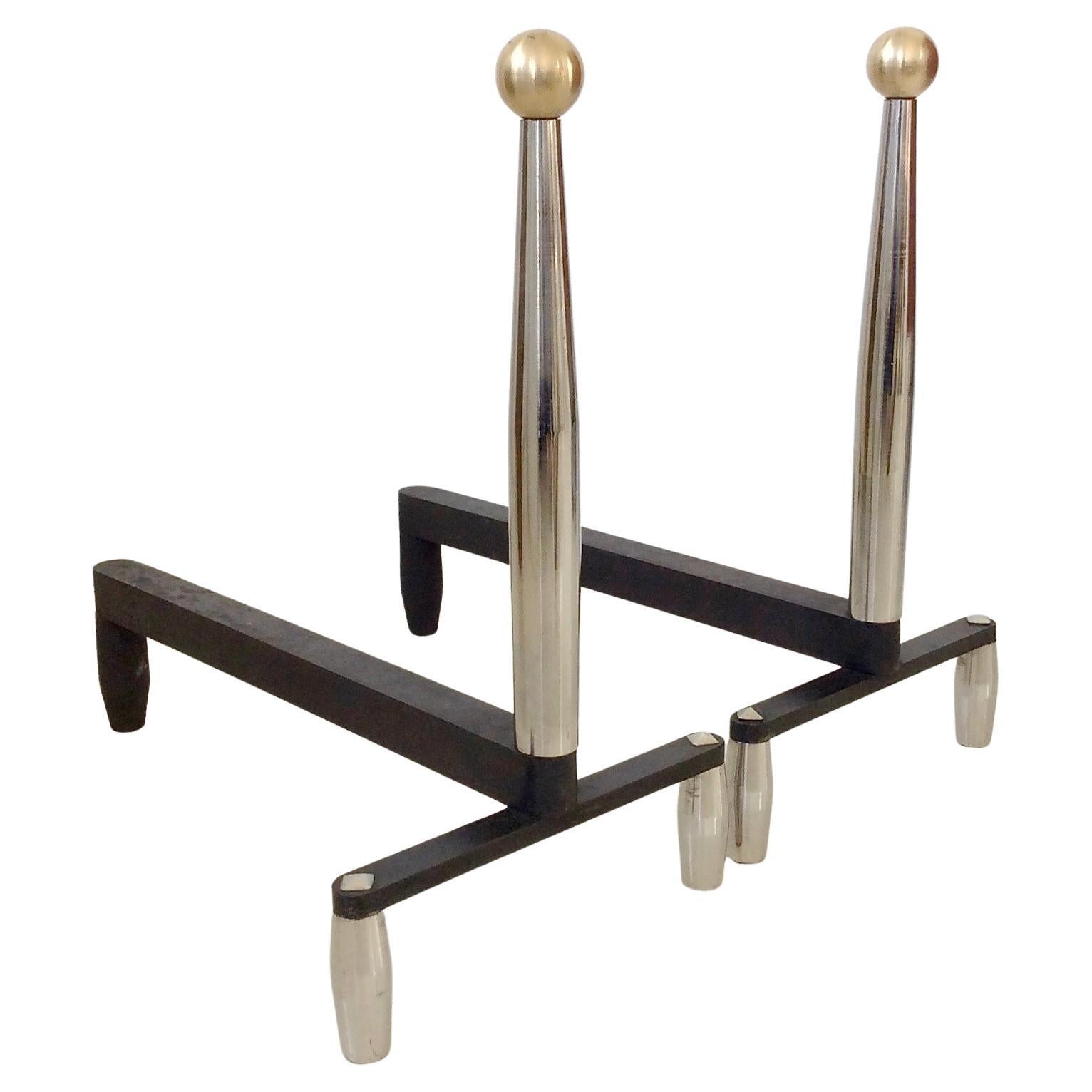 Pair of elegant and large andirons, circa 1960, France.
Chromed metal, brass and black wrought iron.
Dimensions: 40 cm H, 40 cm D, 23 cm W.
All purchases are covered by our Buyer Protection Guarantee.
This item can be returned within 7 days of