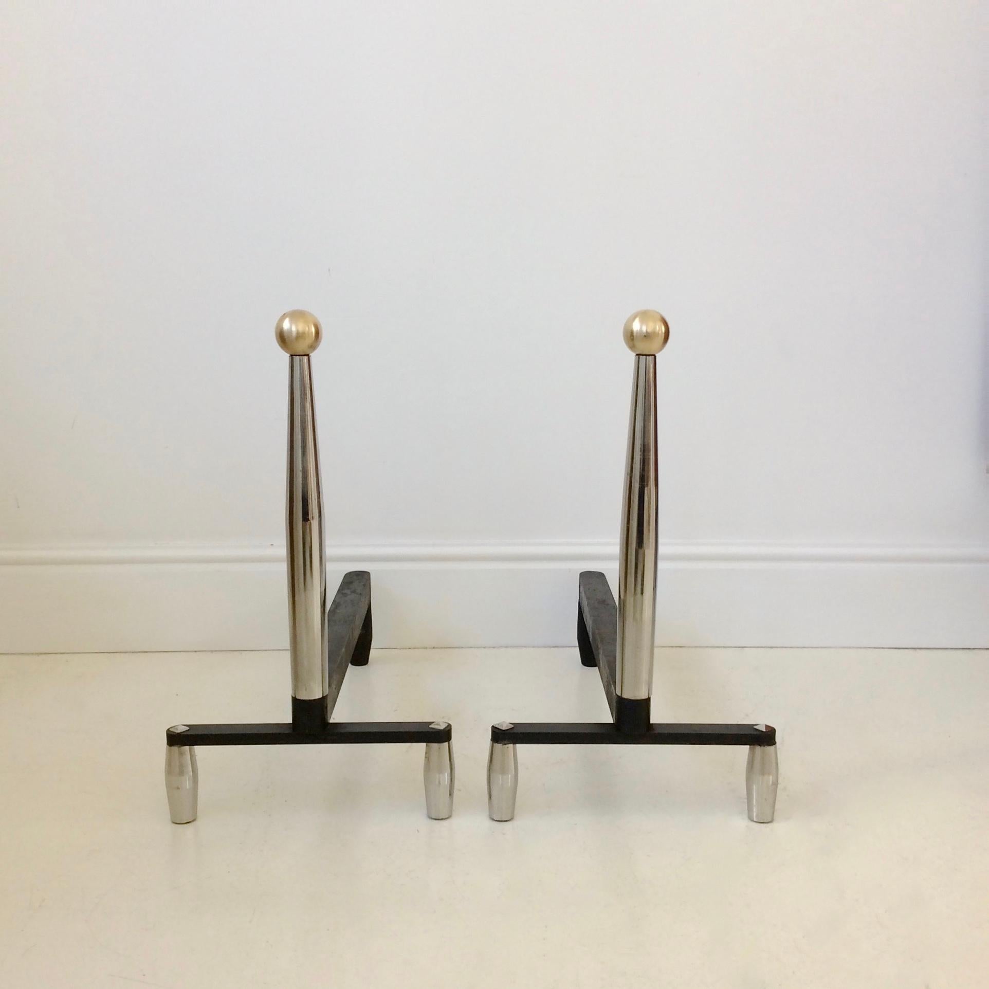 Mid-Century Modern Large Pair of Chrome and Brass Andirons, circa 1960, France