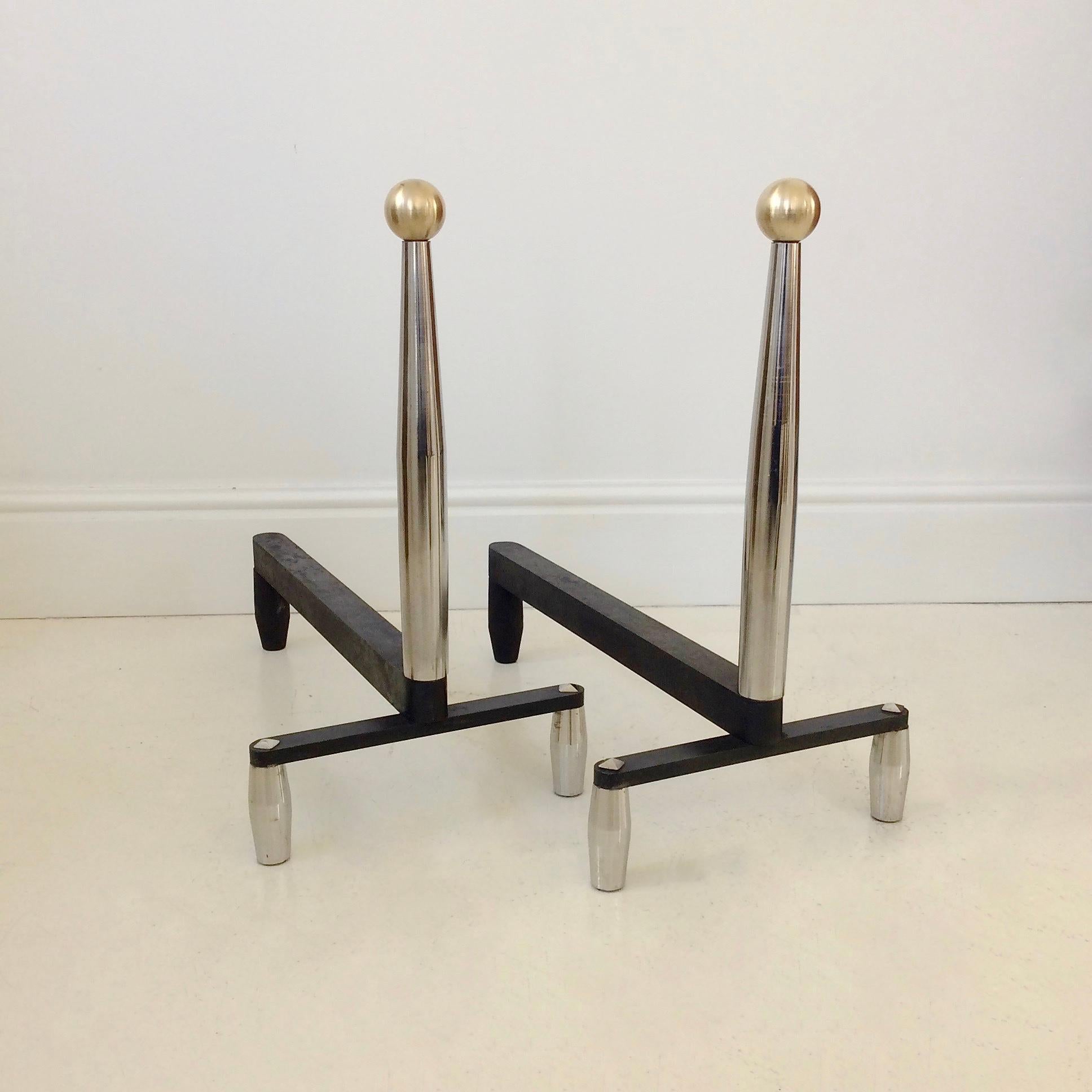 Polished Large Pair of Chrome and Brass Andirons, circa 1960, France