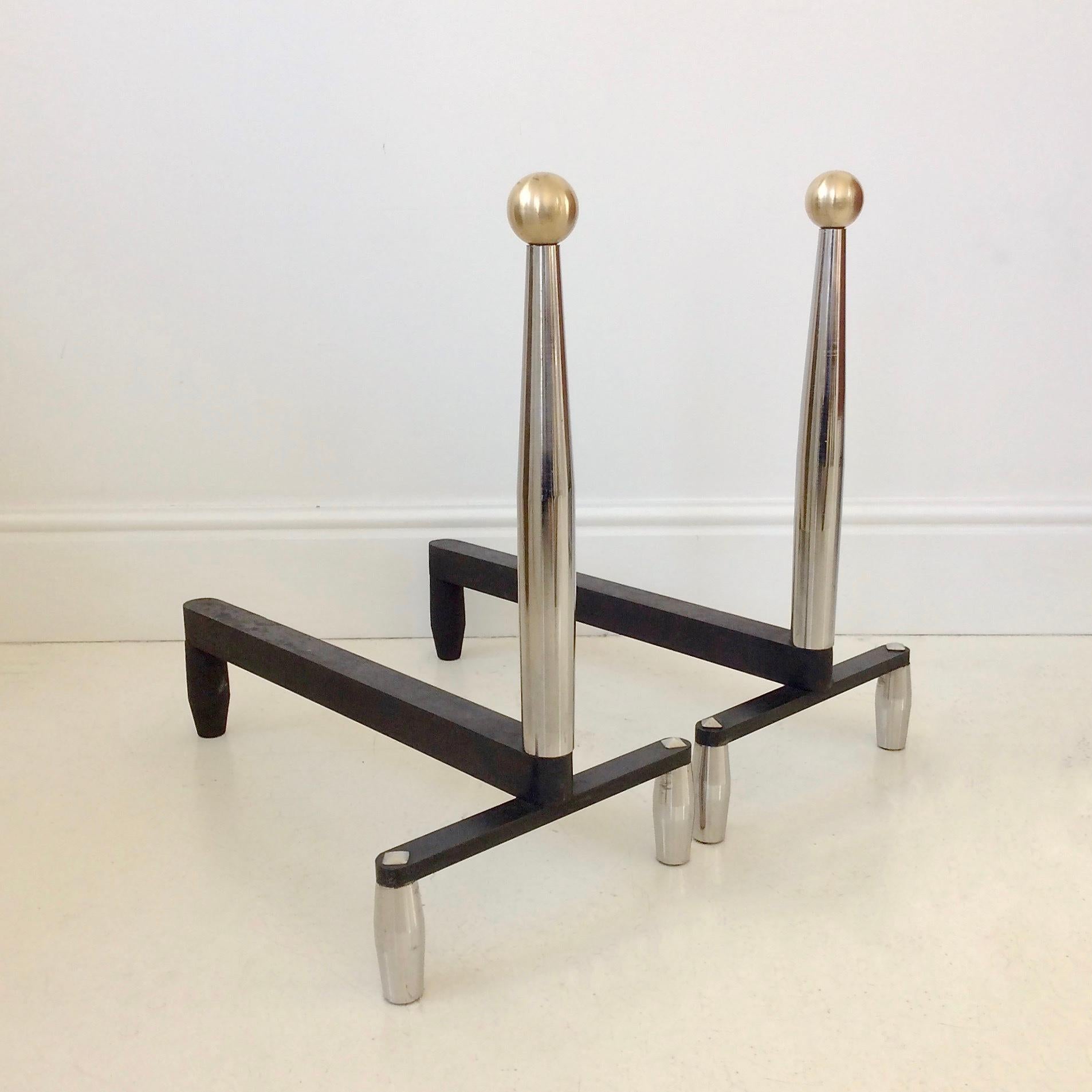 Wrought Iron Large Pair of Chrome and Brass Andirons, circa 1960, France