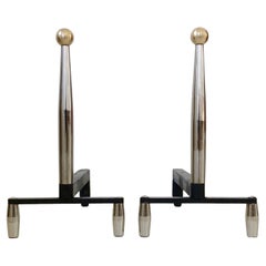 Large Pair of Chrome and Brass Andirons, circa 1960, France