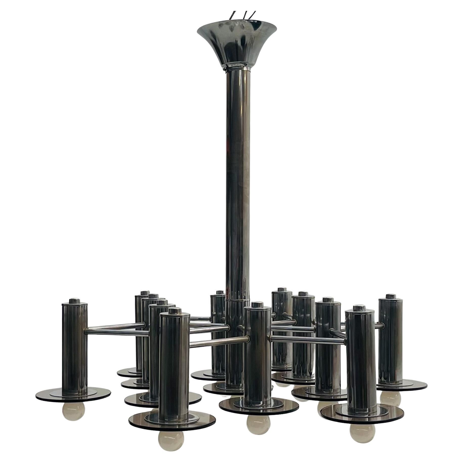Large pair of Chrome chandelier with smoked glass