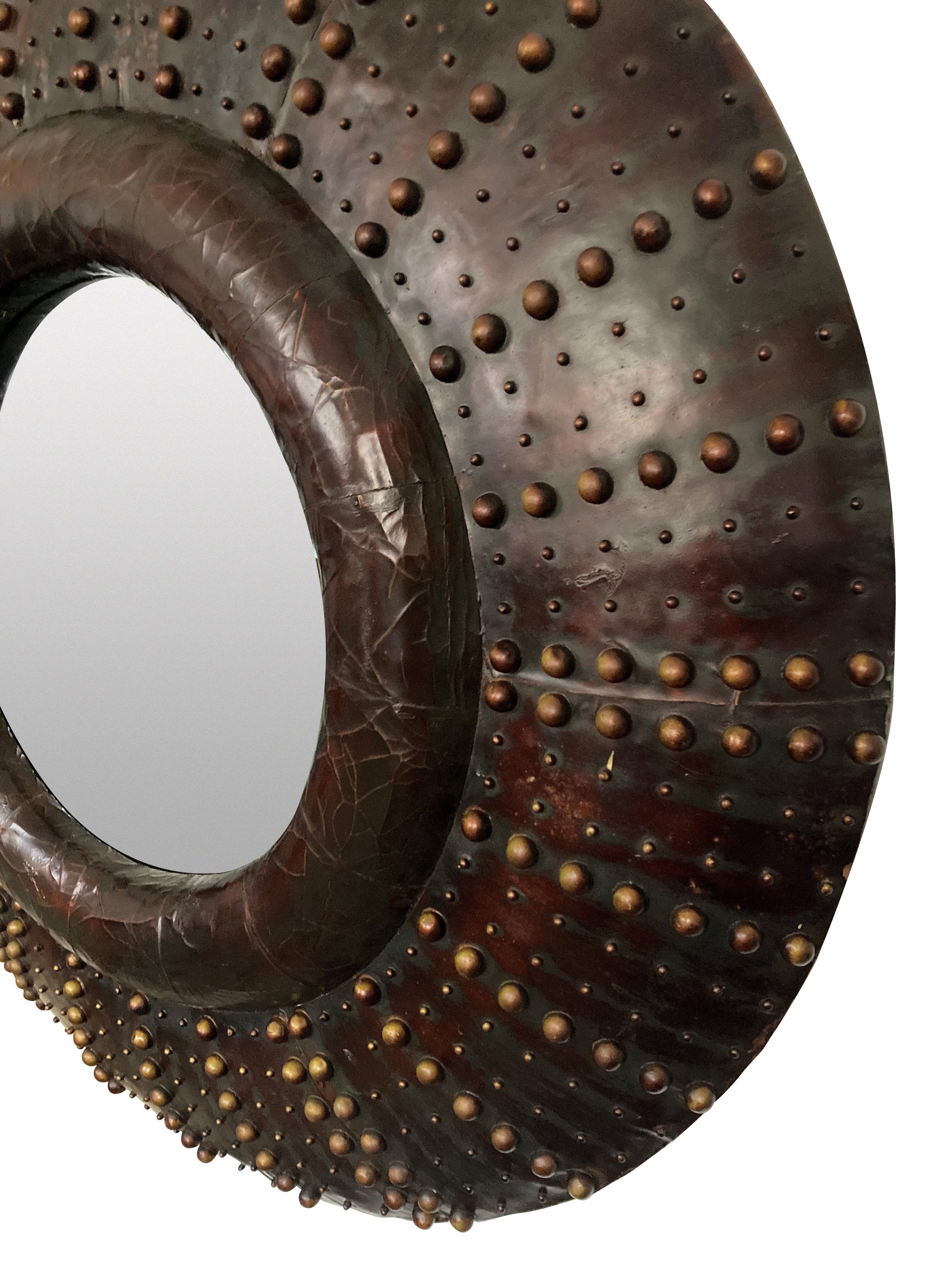 English Large Pair Of Circular Leather-Clad Cushion Mirrors