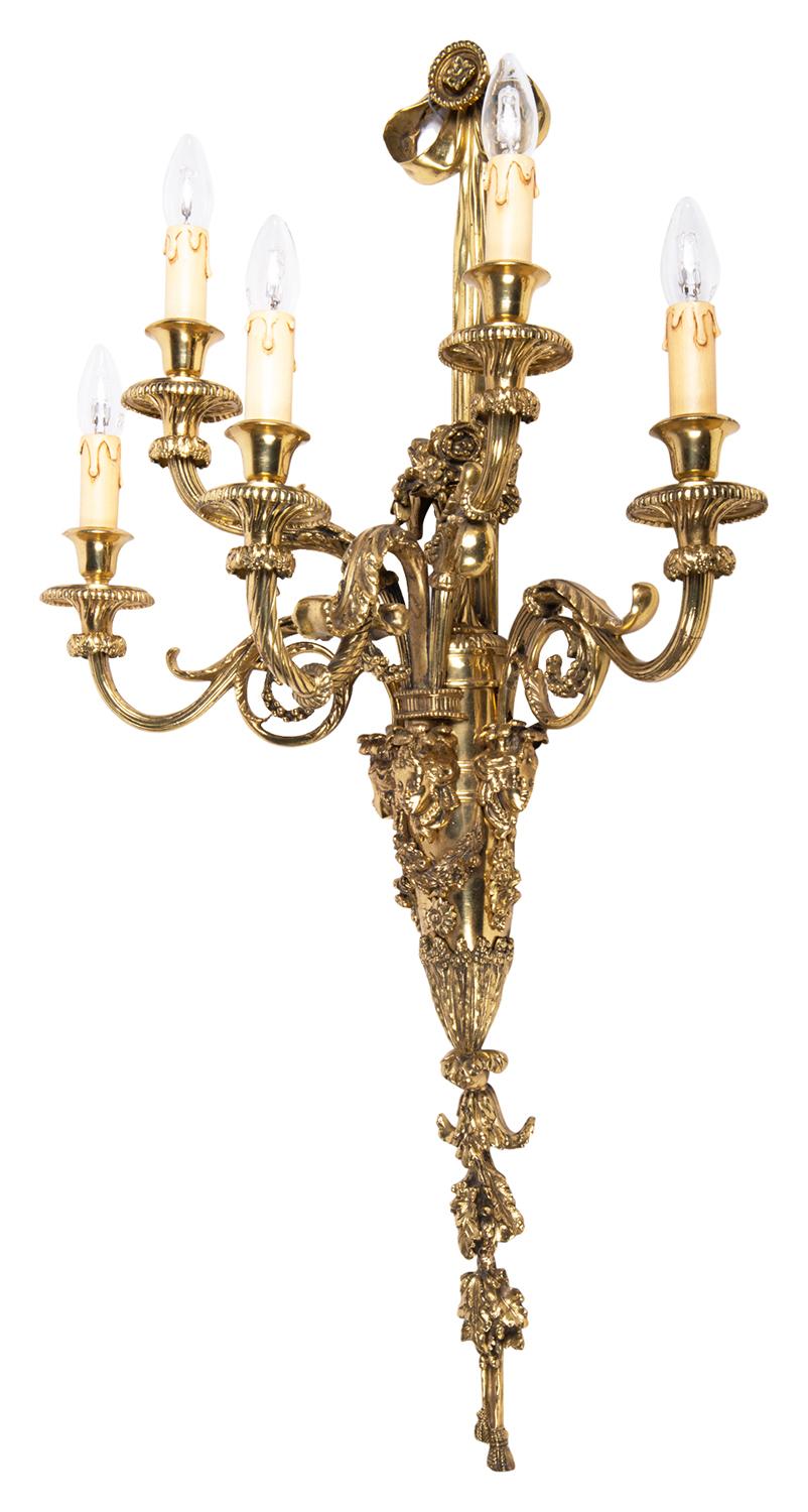 French Large Pair of Classical Gilded Wall Lights, 19th Century For Sale