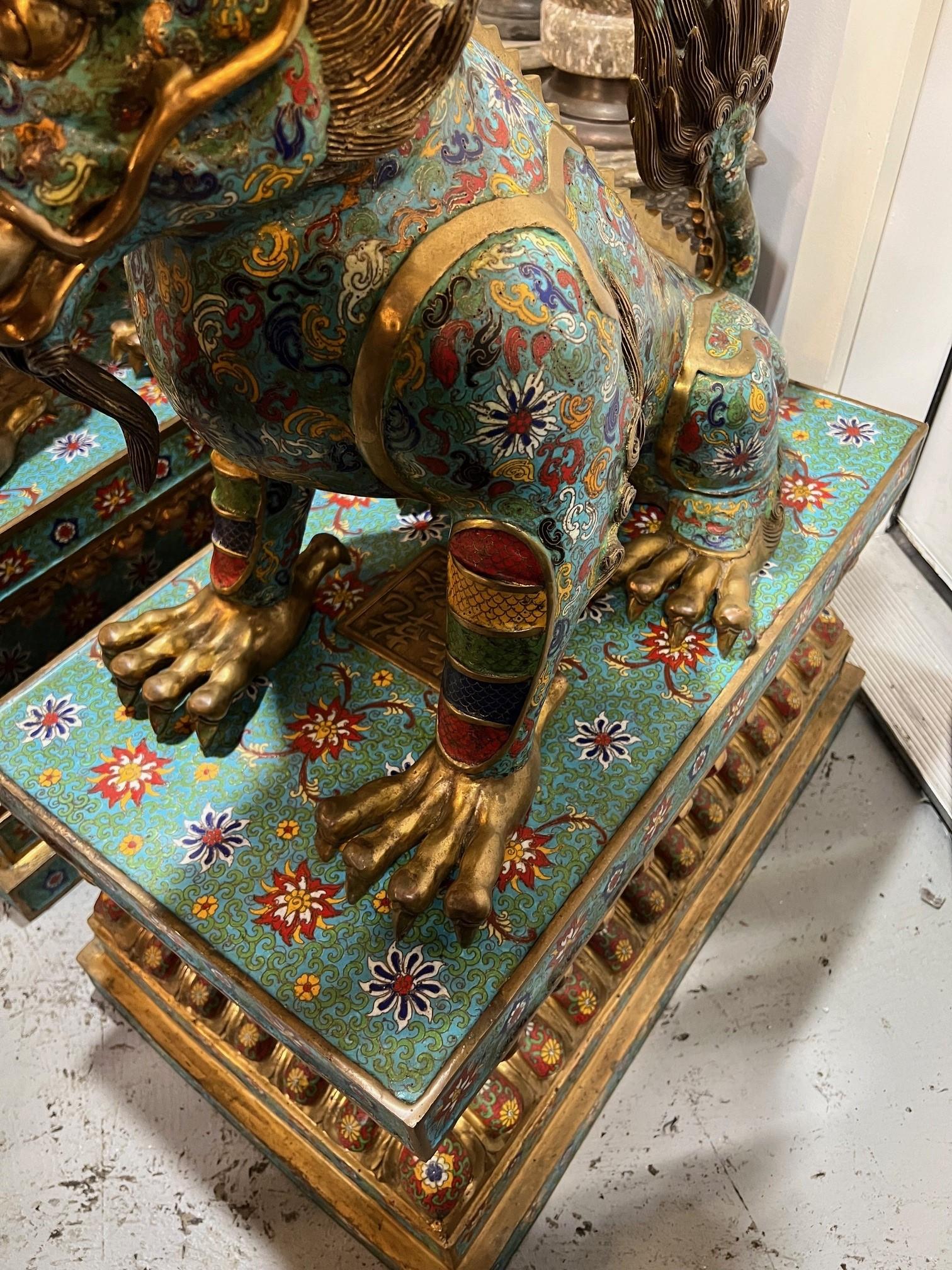 Large Pair of Cloisonne and Bronze Feng Shui Pixiu Dragon, Foo Dogs on Bases  10