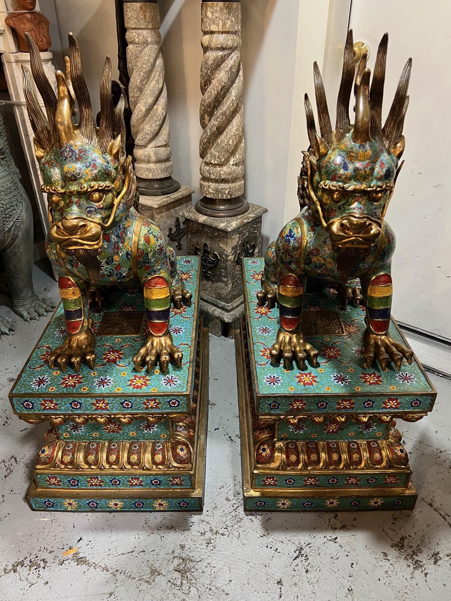 A massive pair of Chinese cloisonne enamel foo dogs / lions mid 20th century. Very fine quality enameling throughout. it is a majestically hand-crafted works of art in Museum quality that is sure to capture everyone’s attention. Very beautiful. A