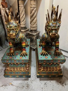 Large Pair of Cloisonne and Bronze Feng Shui Pixiu Dragon, Foo Dogs on Bases