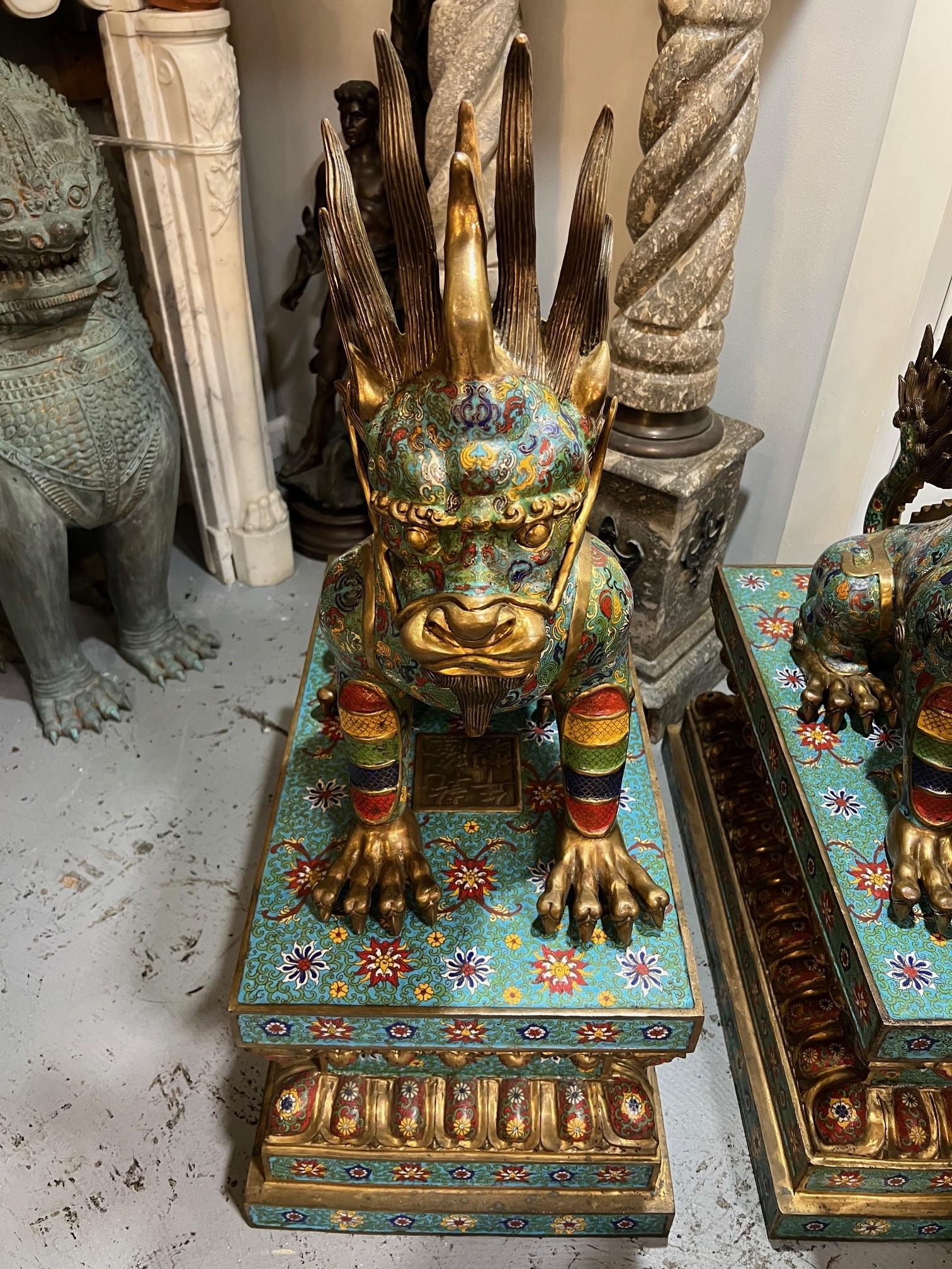 Chinese Large Pair of Cloisonne and Bronze Feng Shui Pixiu Dragon, Foo Dogs on Bases 