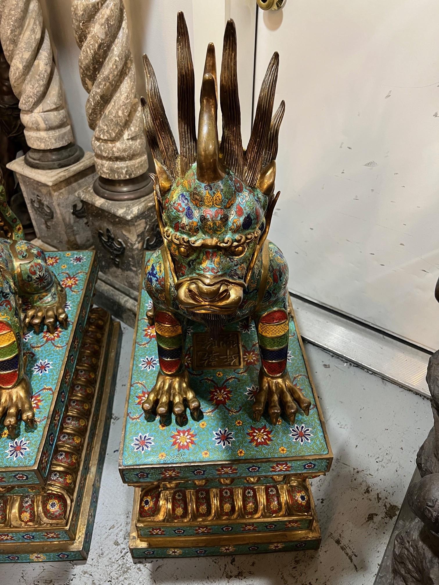 Cloissoné Large Pair of Cloisonne and Bronze Feng Shui Pixiu Dragon, Foo Dogs on Bases 