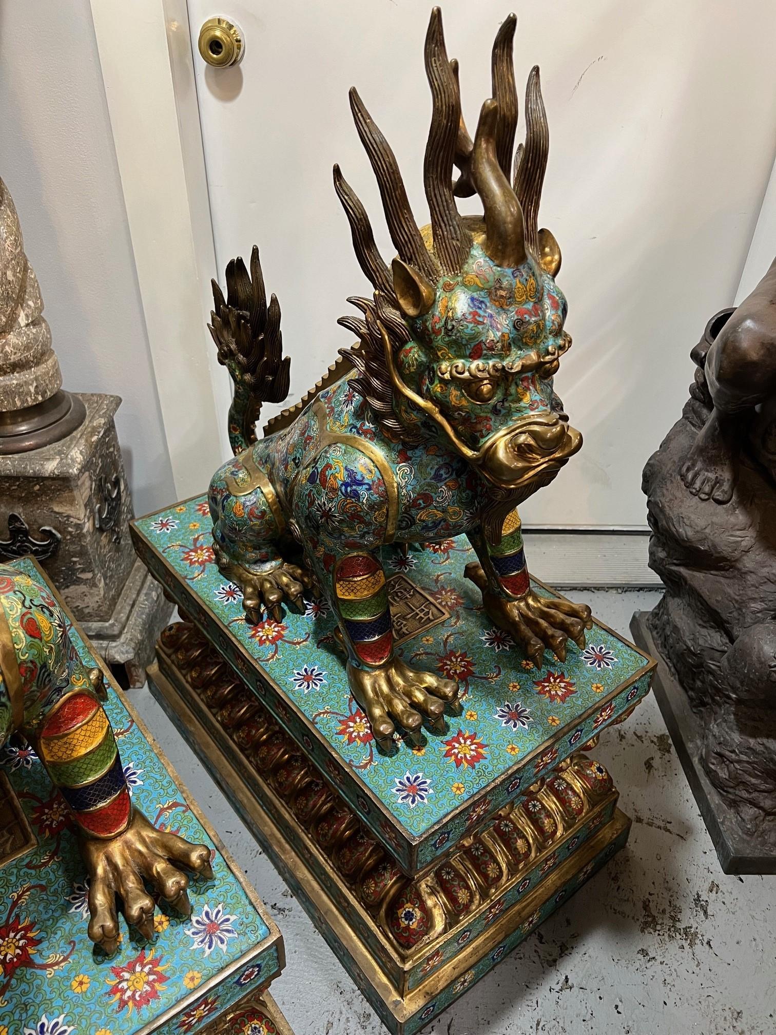 Large Pair of Cloisonne and Bronze Feng Shui Pixiu Dragon, Foo Dogs on Bases  In Good Condition In Stamford, CT