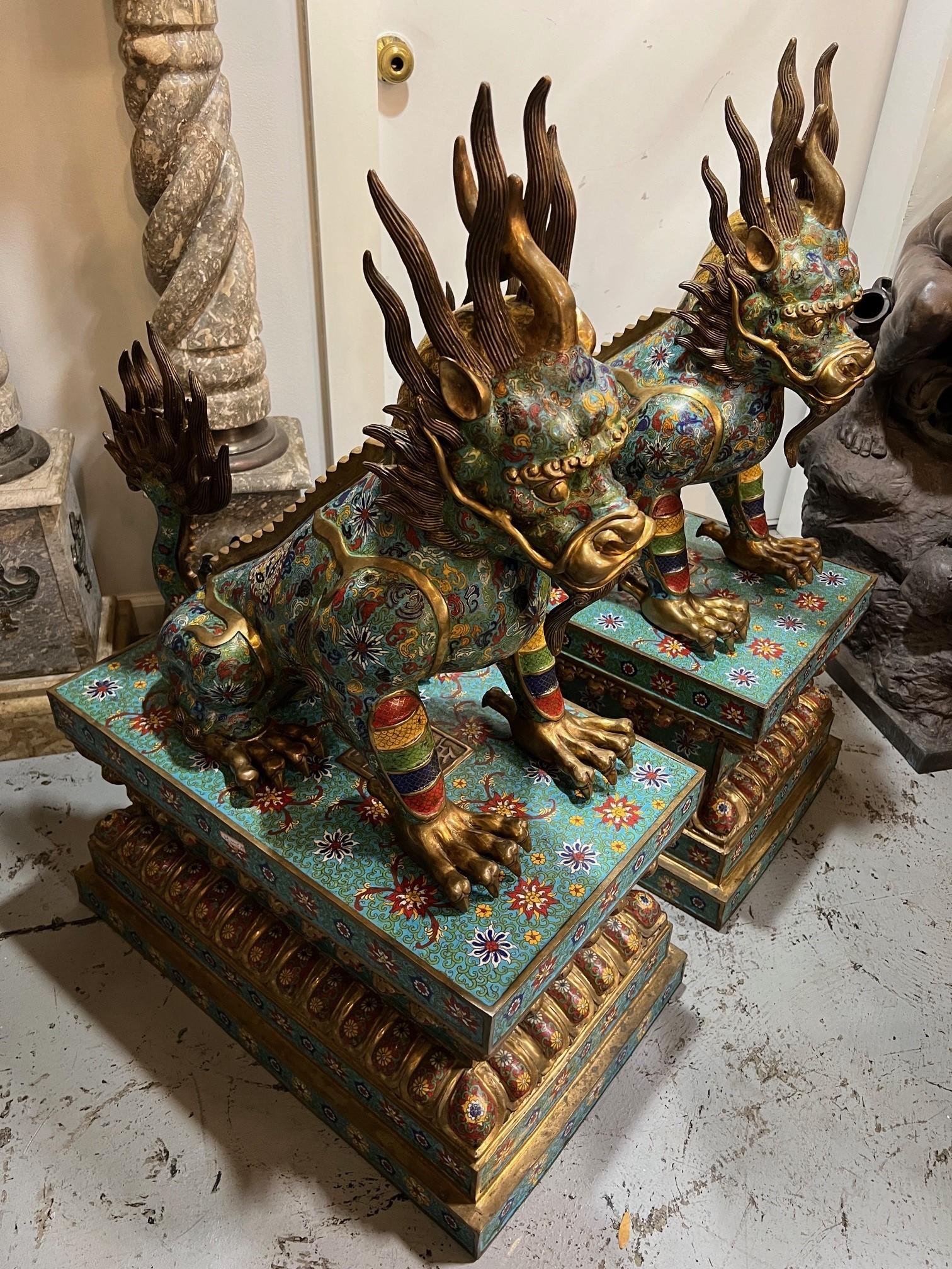 20th Century Large Pair of Cloisonne and Bronze Feng Shui Pixiu Dragon, Foo Dogs on Bases 