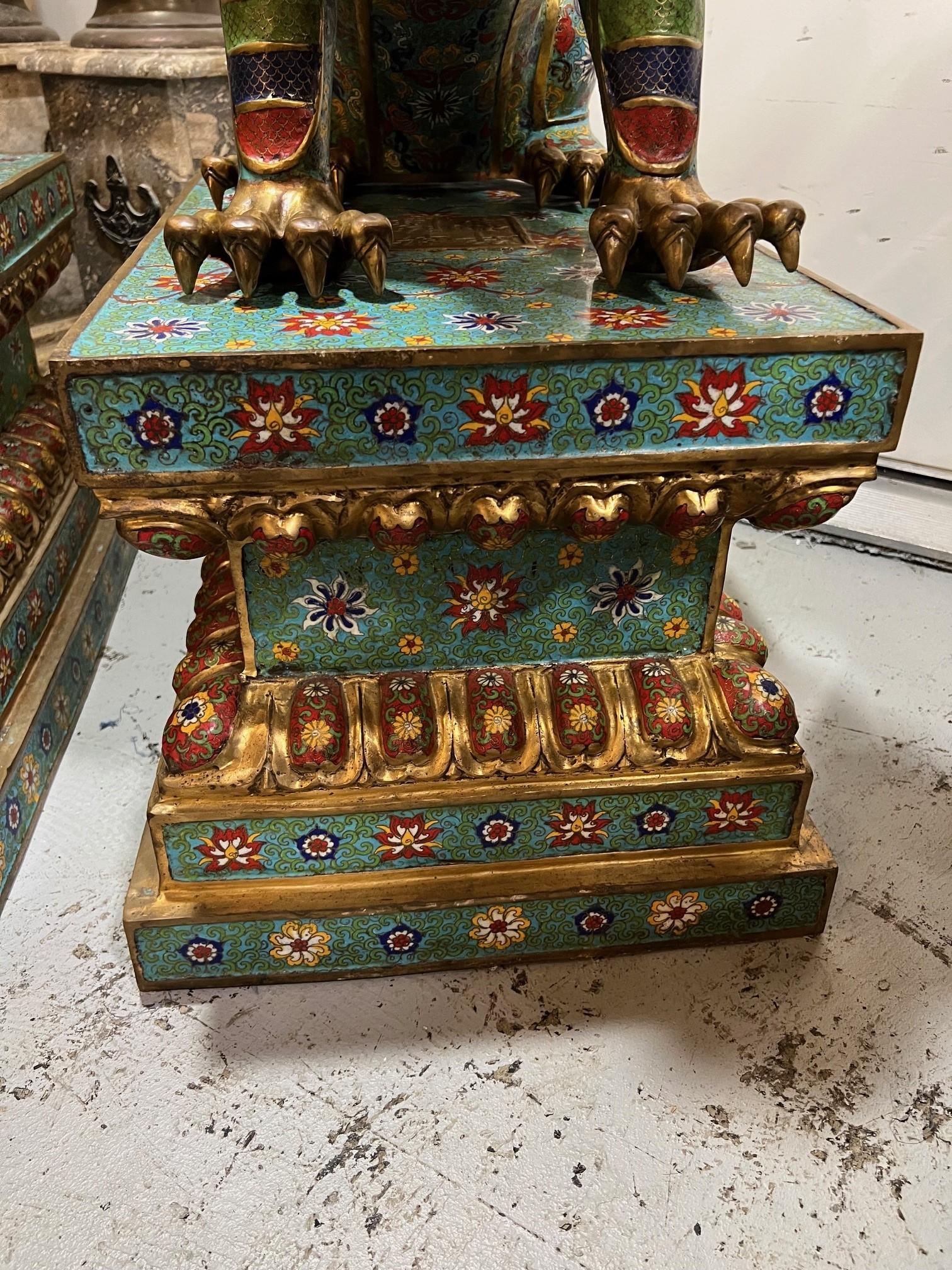 Large Pair of Cloisonne and Bronze Feng Shui Pixiu Dragon, Foo Dogs on Bases  2