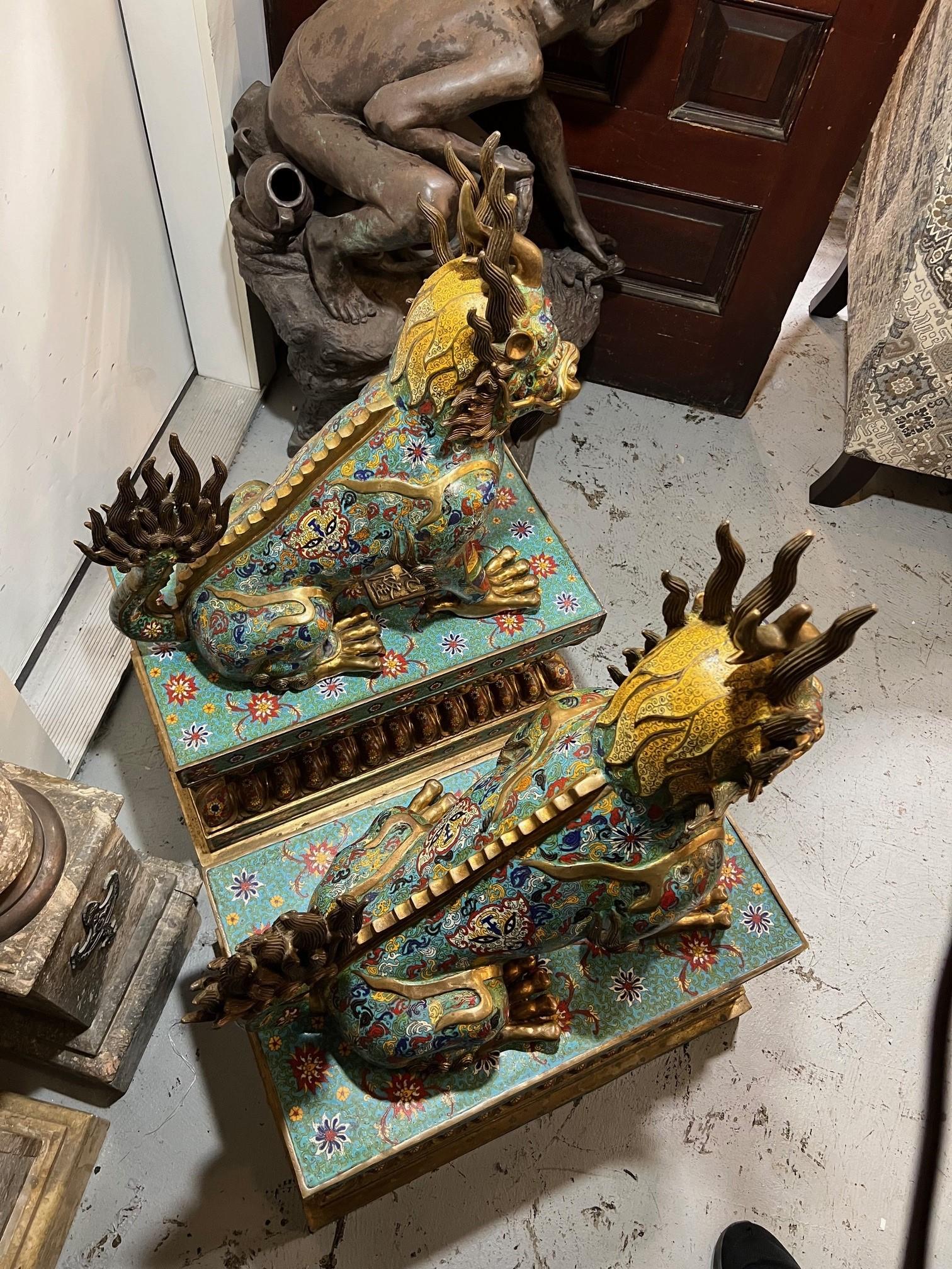 Large Pair of Cloisonne and Bronze Feng Shui Pixiu Dragon, Foo Dogs on Bases  3