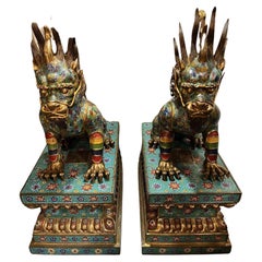 Large Pair of Cloisonne and Bronze Feng Shui Pixiu Dragon, Foo Dogs on Bases 