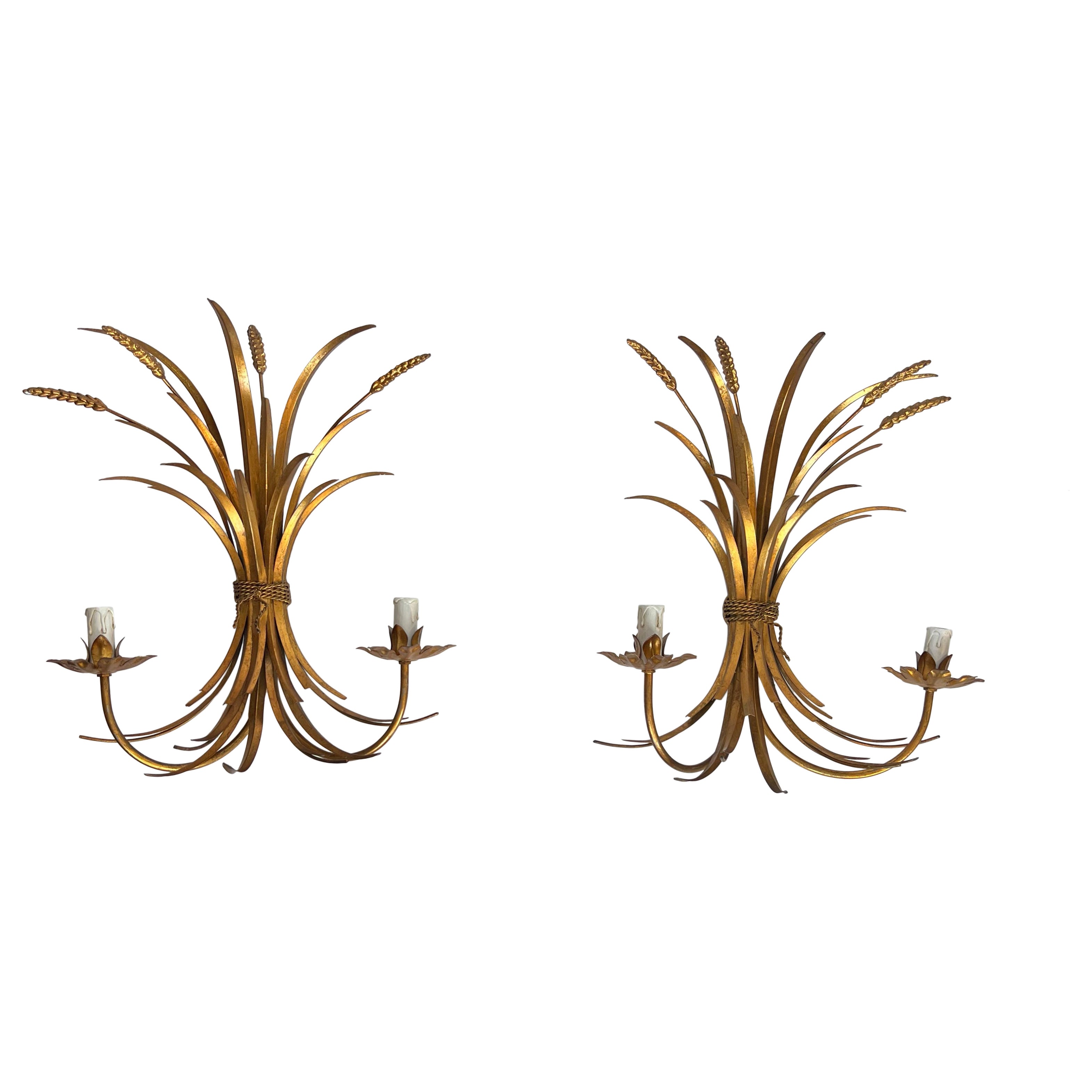 Large Pair of Coco Channel Gilt Metal Ears of Wheat Wall Sconces