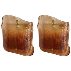 Large Pair of Contemporary Brass Sconces Cola Gold Leaf Murano Glass, Italy