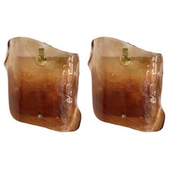 Large Pair of Contemporary Brass Sconces Cola Gold Leaf Murano Glass, Italy