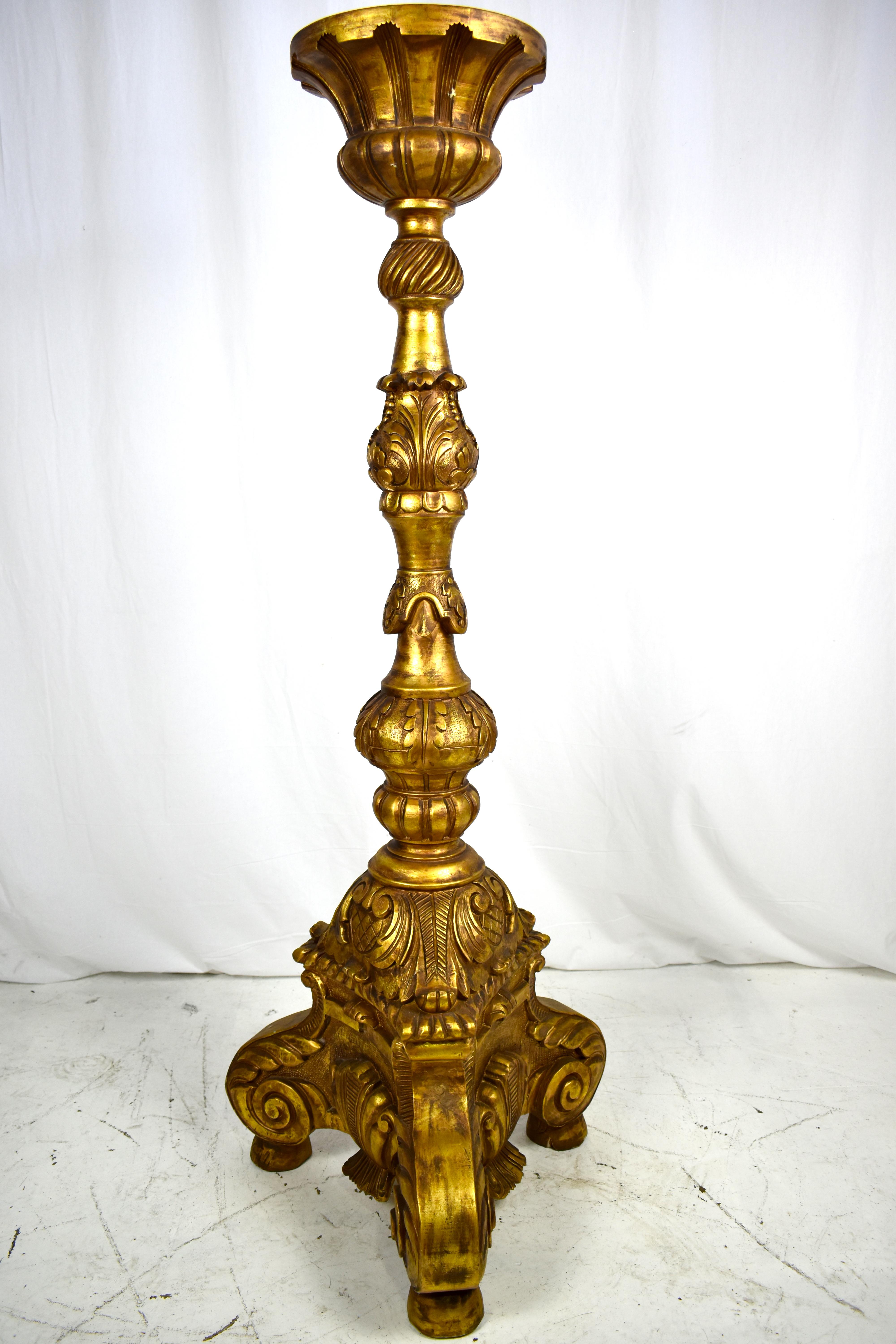 20th Century Large Pair of Continental Carved, Gilt Torchers 5 feet tall. For Sale