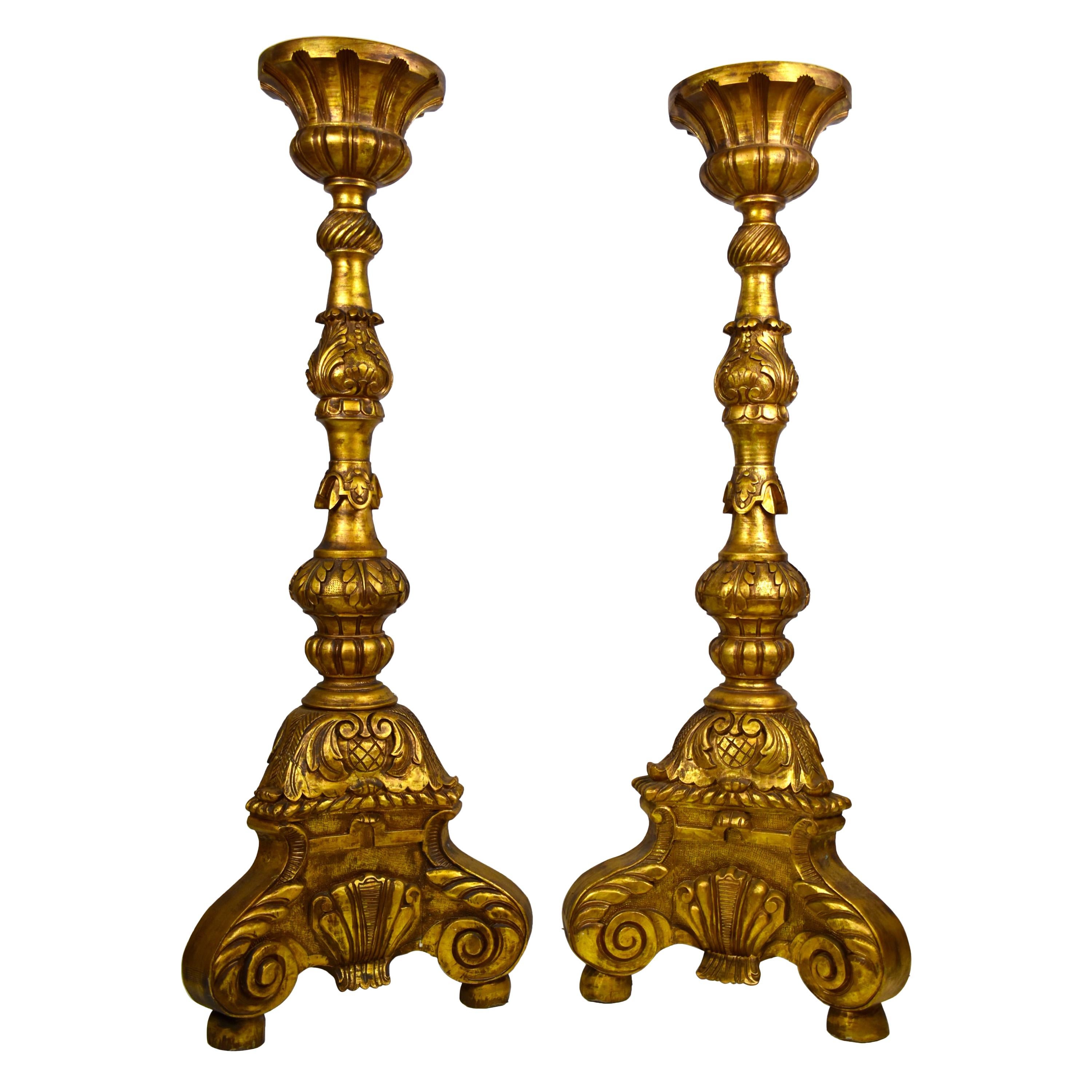 Large Pair of Continental Carved, Gilt Torchers 5 feet tall. For Sale