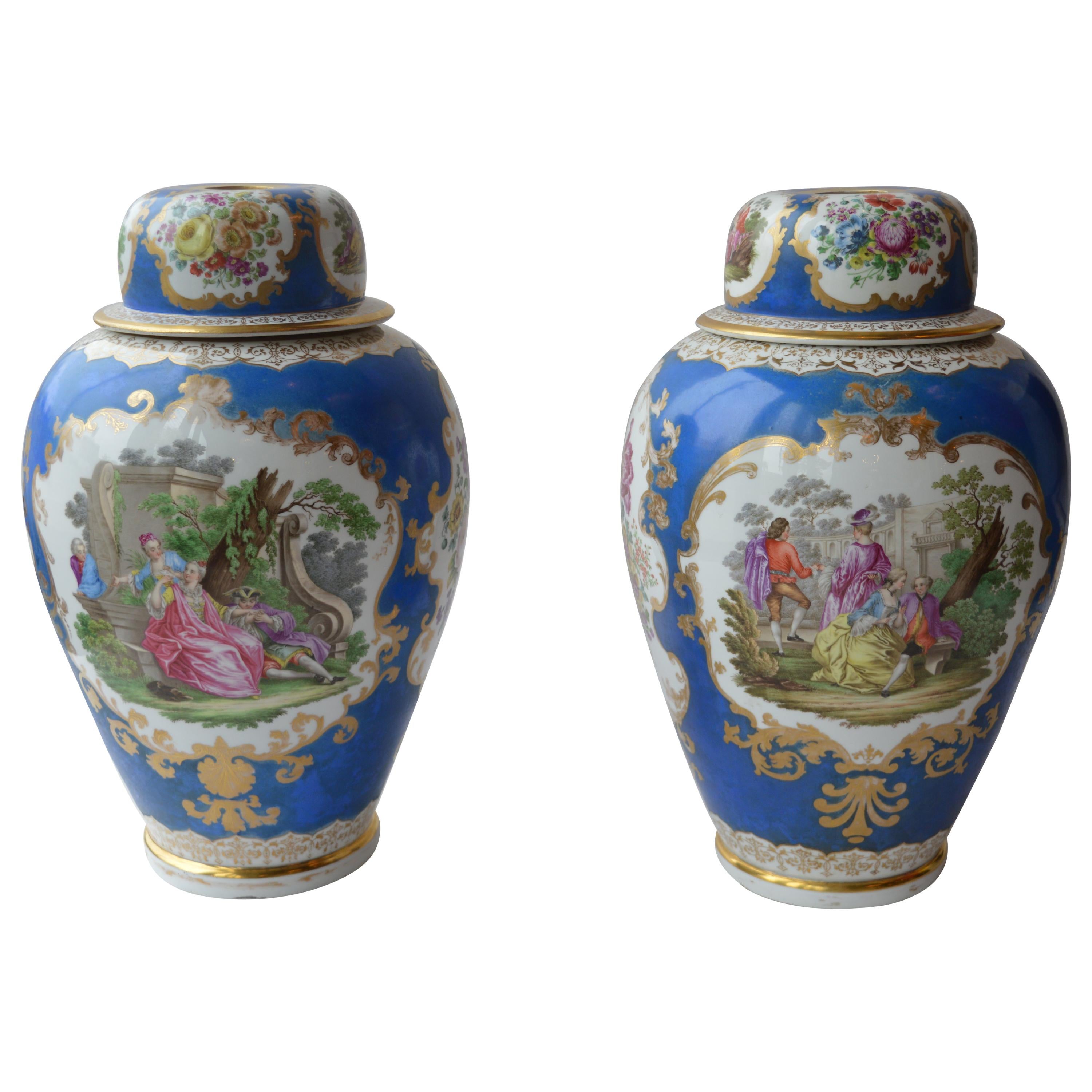 Large Pair of Continental Meissen Style "Augustus Rex" Porcelain Vases For Sale