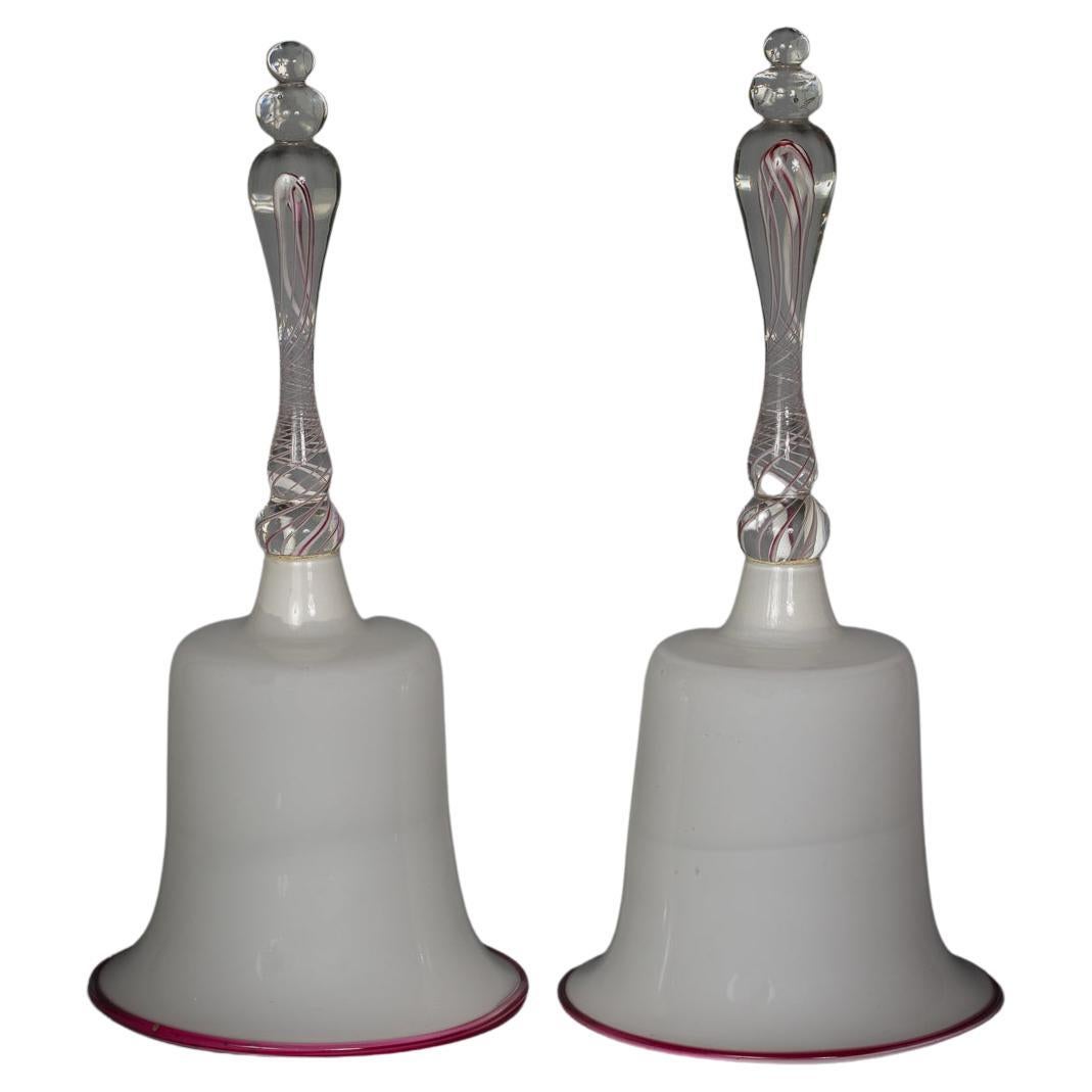 Large Pair of Continental White and Clear Glass Hand Bells, circa 1880 For Sale