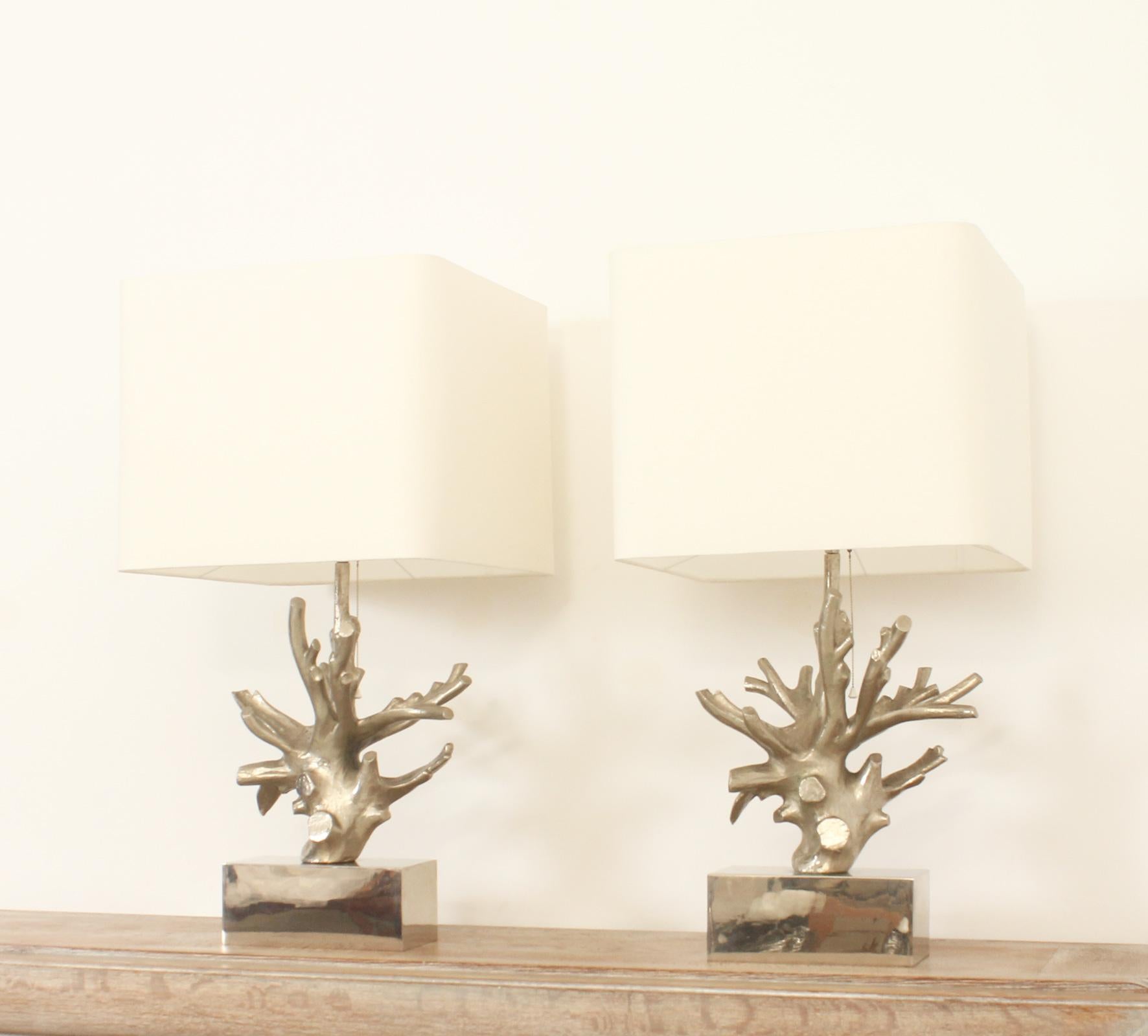 Large pair of coral table lamps in the style of Maison Charles, France, 1970's. Metal structures and nickel-plated metal bases with shades with new fabric.