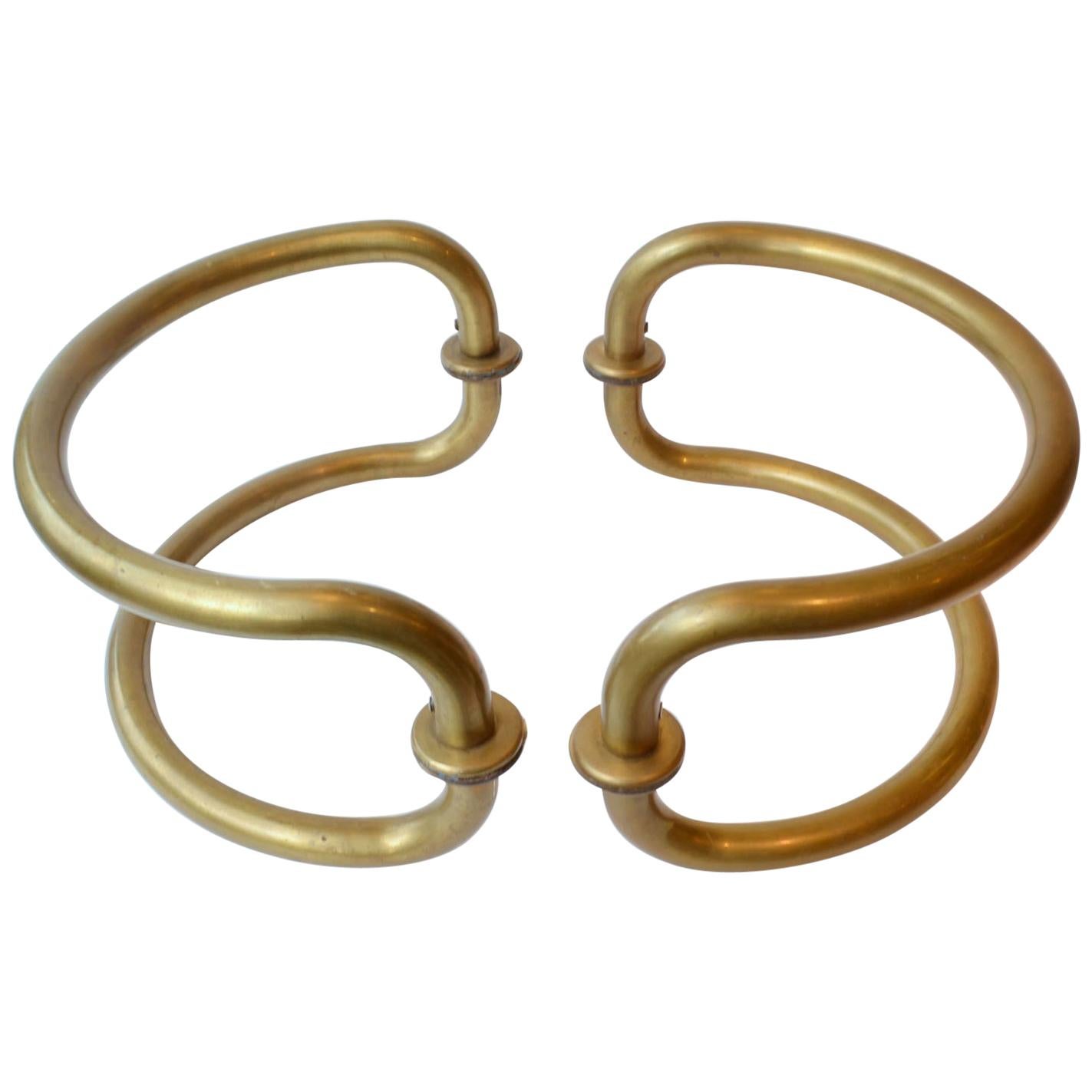 Large Pair of Curved Tubular Brass Double Door Push & Pull Door Handles