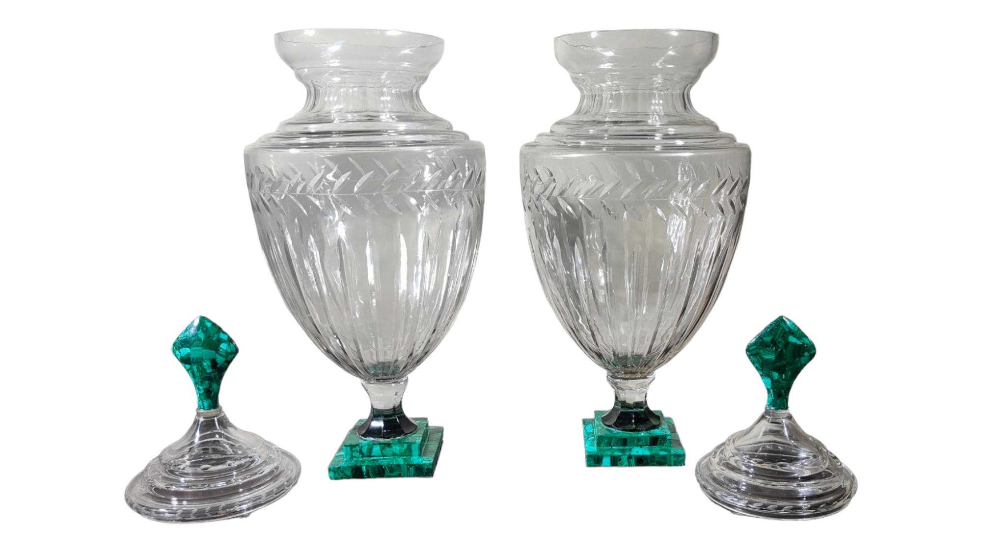 Large Pair Of Cut Glass And Malachite Vases 6