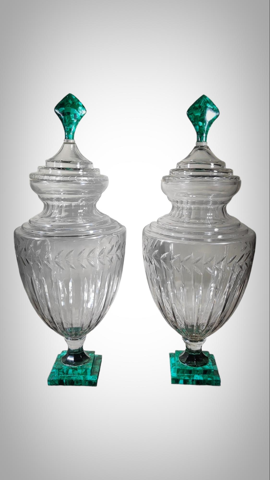 20th Century Large Pair Of Cut Glass And Malachite Vases