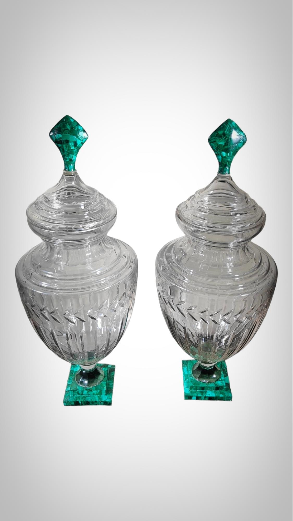 Large Pair Of Cut Glass And Malachite Vases 1