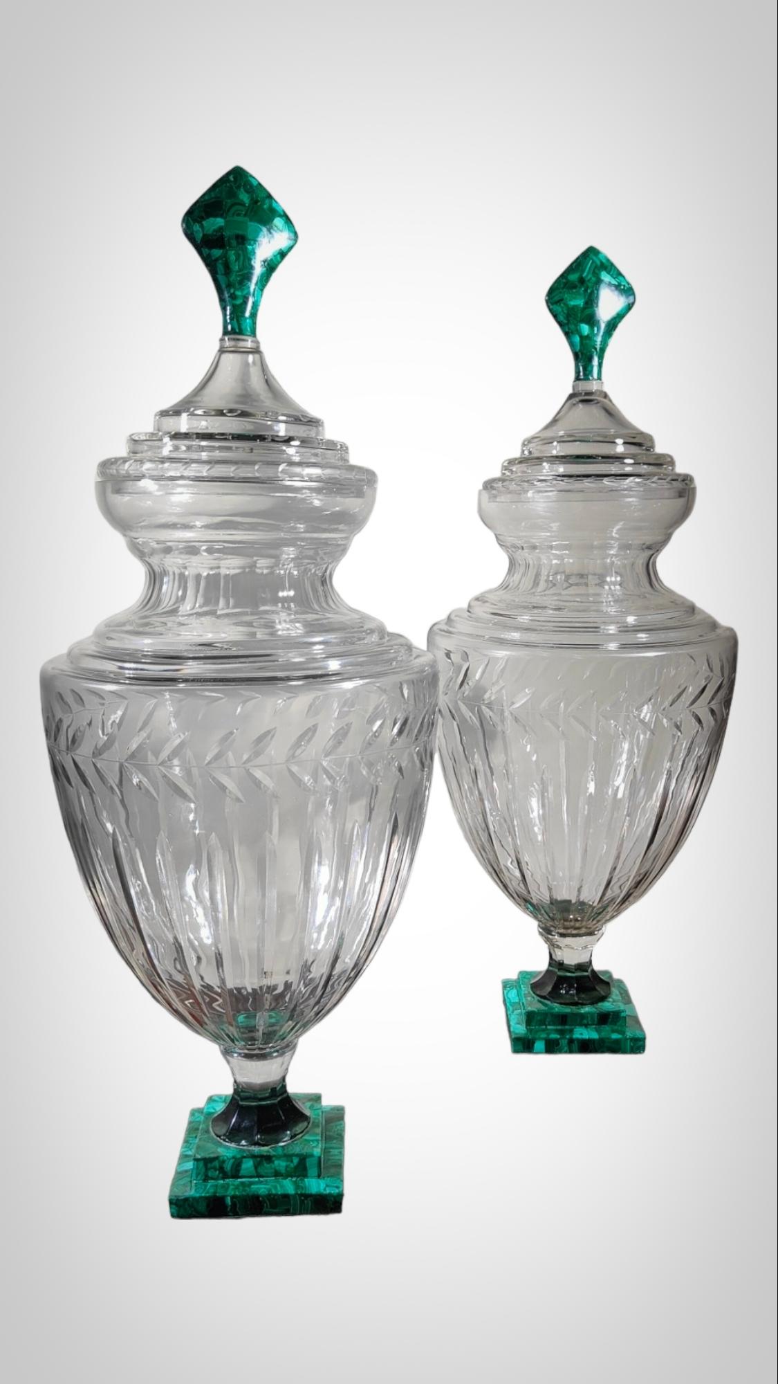 Large Pair Of Cut Glass And Malachite Vases 2