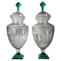 Large Pair Of Cut Glass And Malachite Vases