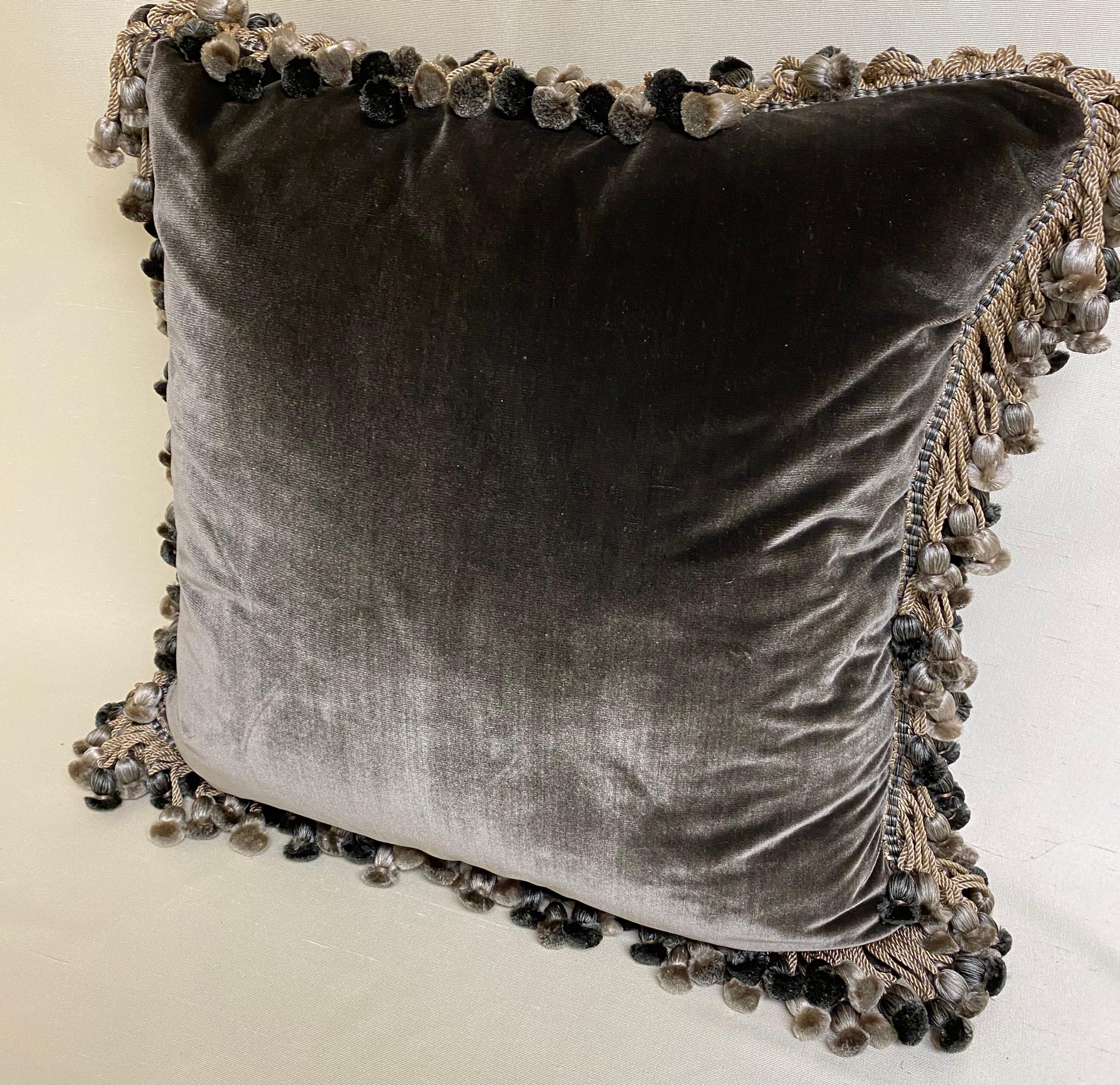Decorative pair of down-filled charcoal gray silk velvet cushions with 