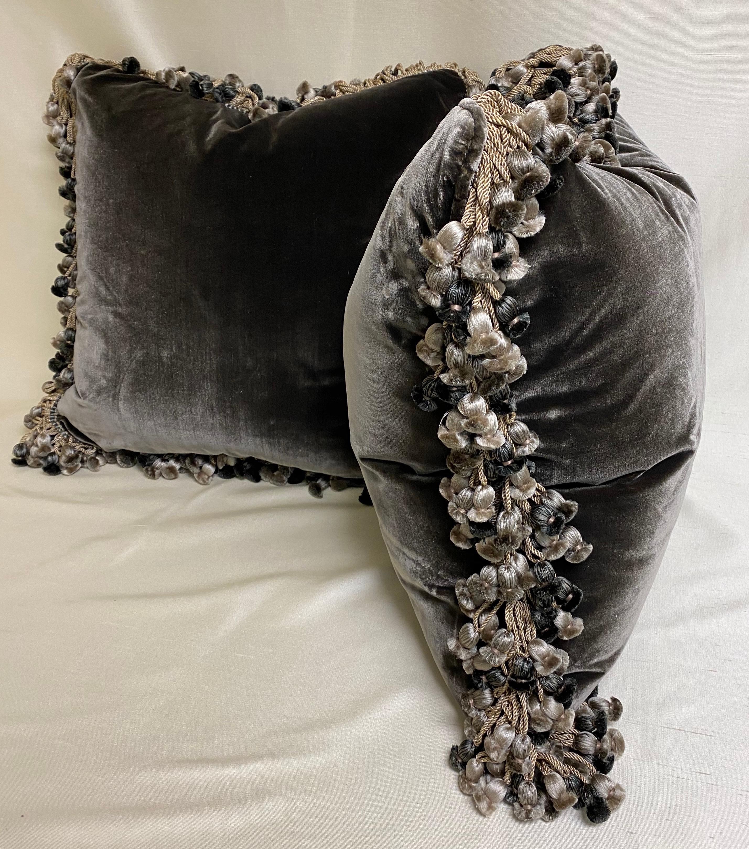 Large Pair of Dark Gray Silk Velvet Cushions In New Condition In Palm Beach, FL