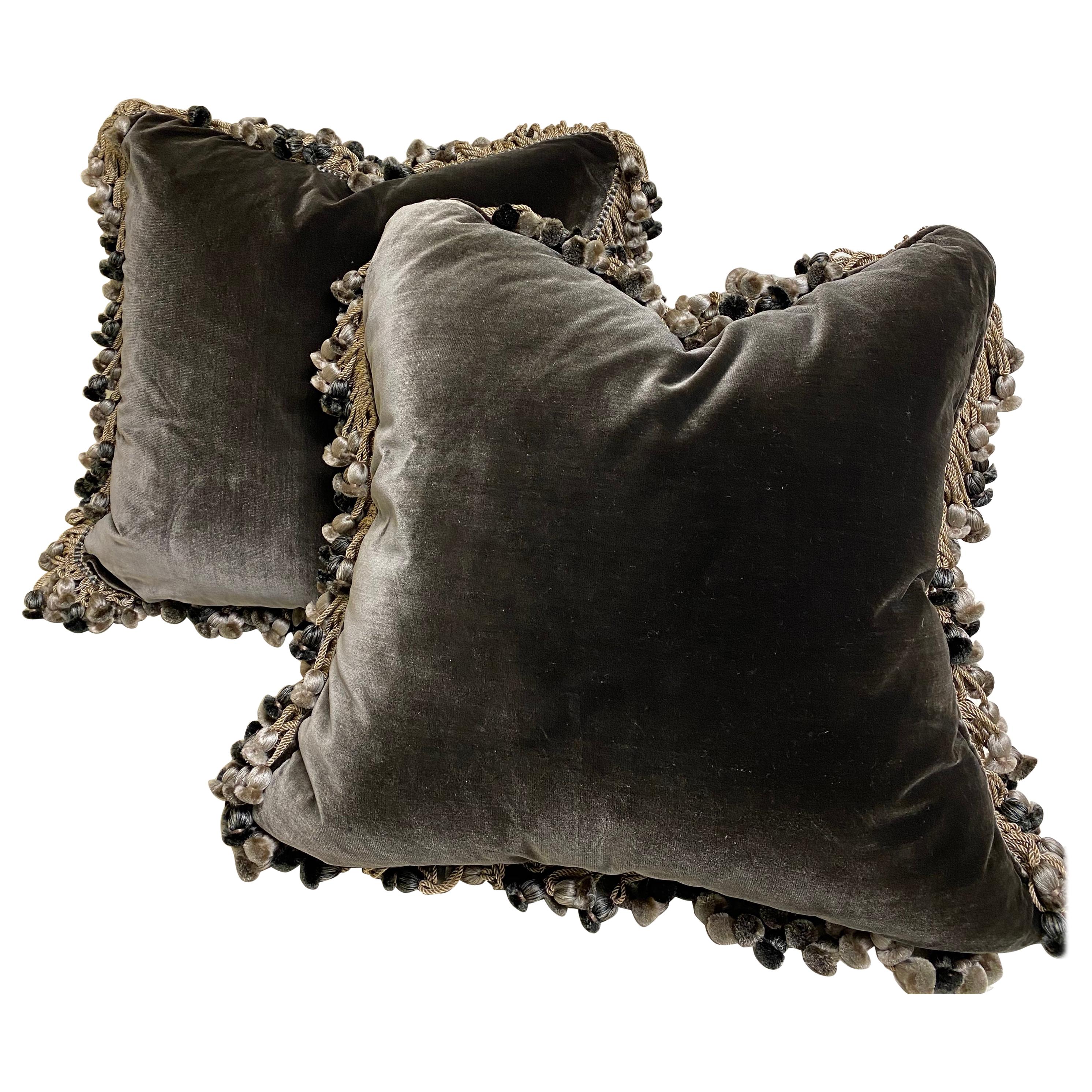 Large Pair of Dark Gray Silk Velvet Cushions