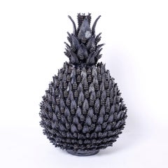 Large Pair of Deep Blue Glazed Terracotta Lidded Pineapples