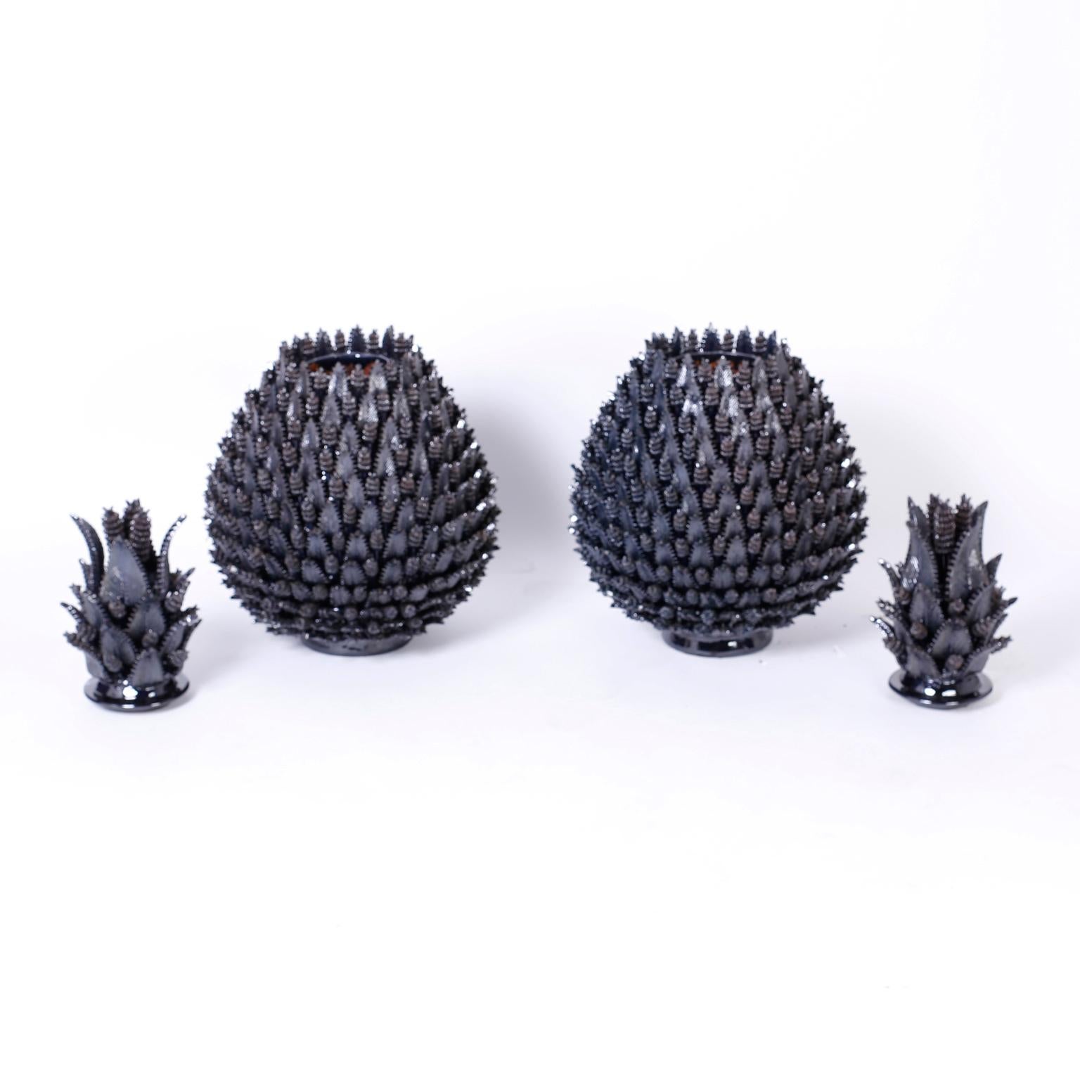 Large Pair of Deep Blue Glazed Terracotta Lidded Pineapples 1