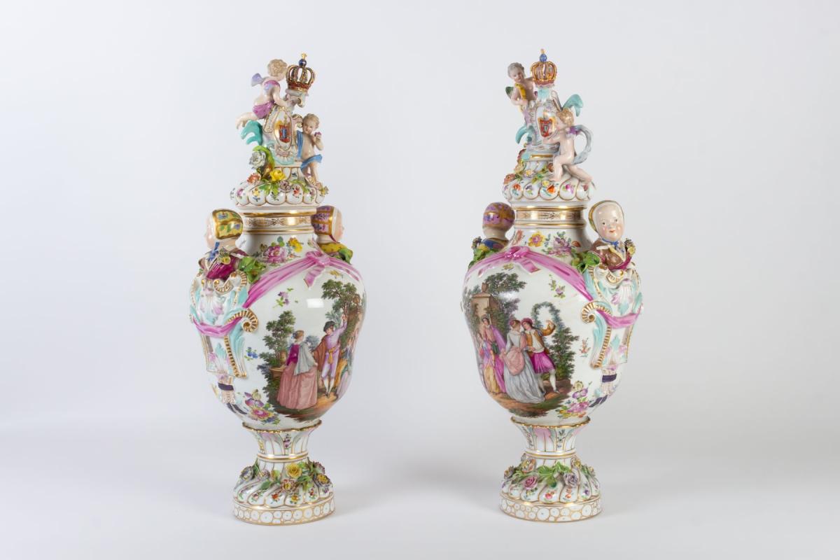 Porcelain Large Pair of Dresden Vases