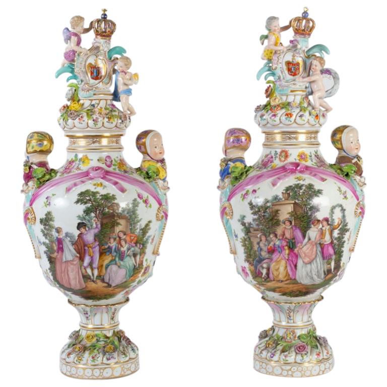Large Pair of Dresden Vases