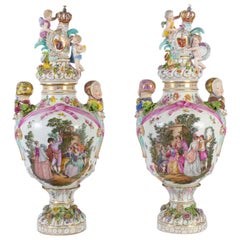 Antique Large Pair of Dresden Vases