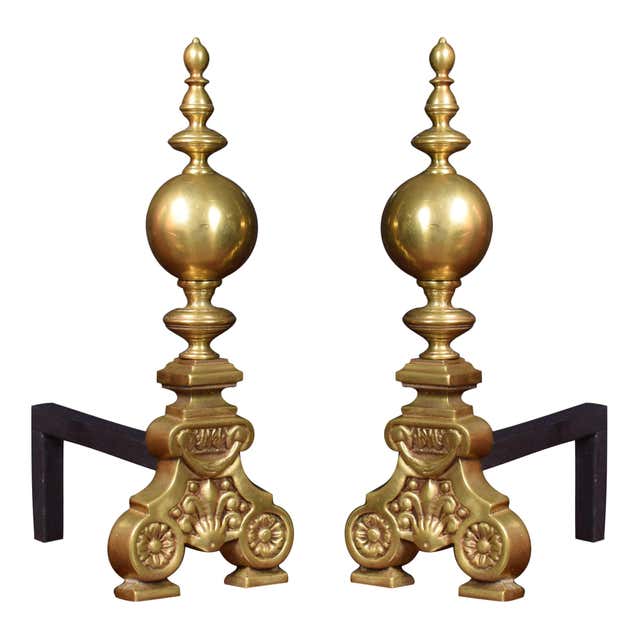 French Rococo Style House Pair of French Brass Firedogs and Wrought Iron Fireplace Grate, 20th ...