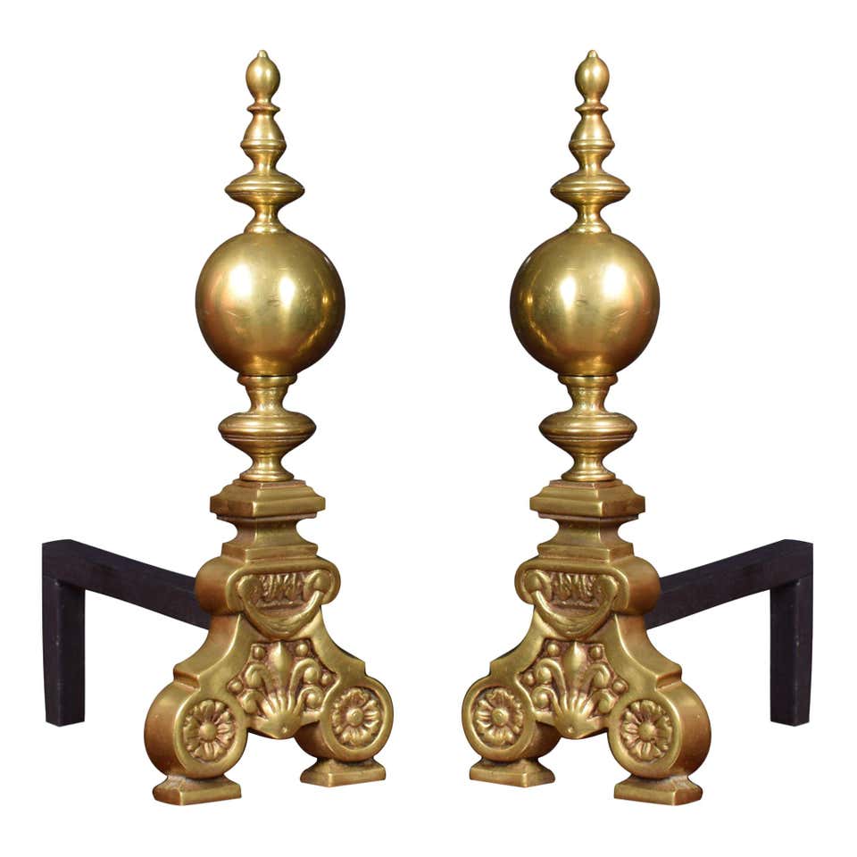 French Rococo Style House Pair of French Brass Firedogs and Wrought Iron Fireplace Grate, 20th ...