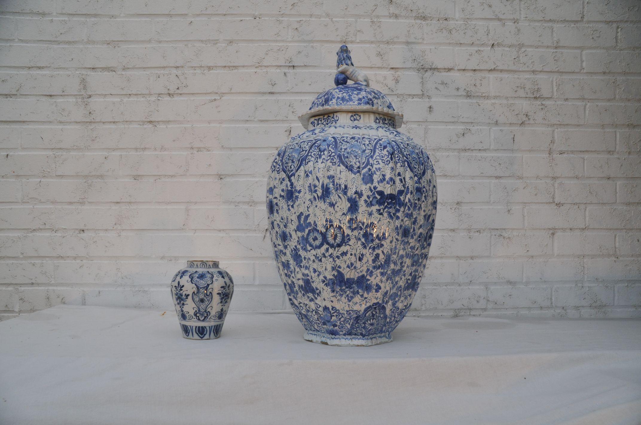 Rococo Large Pair of Dutch Delft Jars For Sale