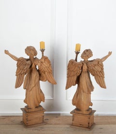 Large Pair of Early 18th Century Italian Hand Carved Angel Candlesticks