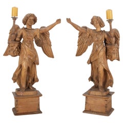 Large Pair of Early 18th Century Italian Hand Carved Angel Candlesticks