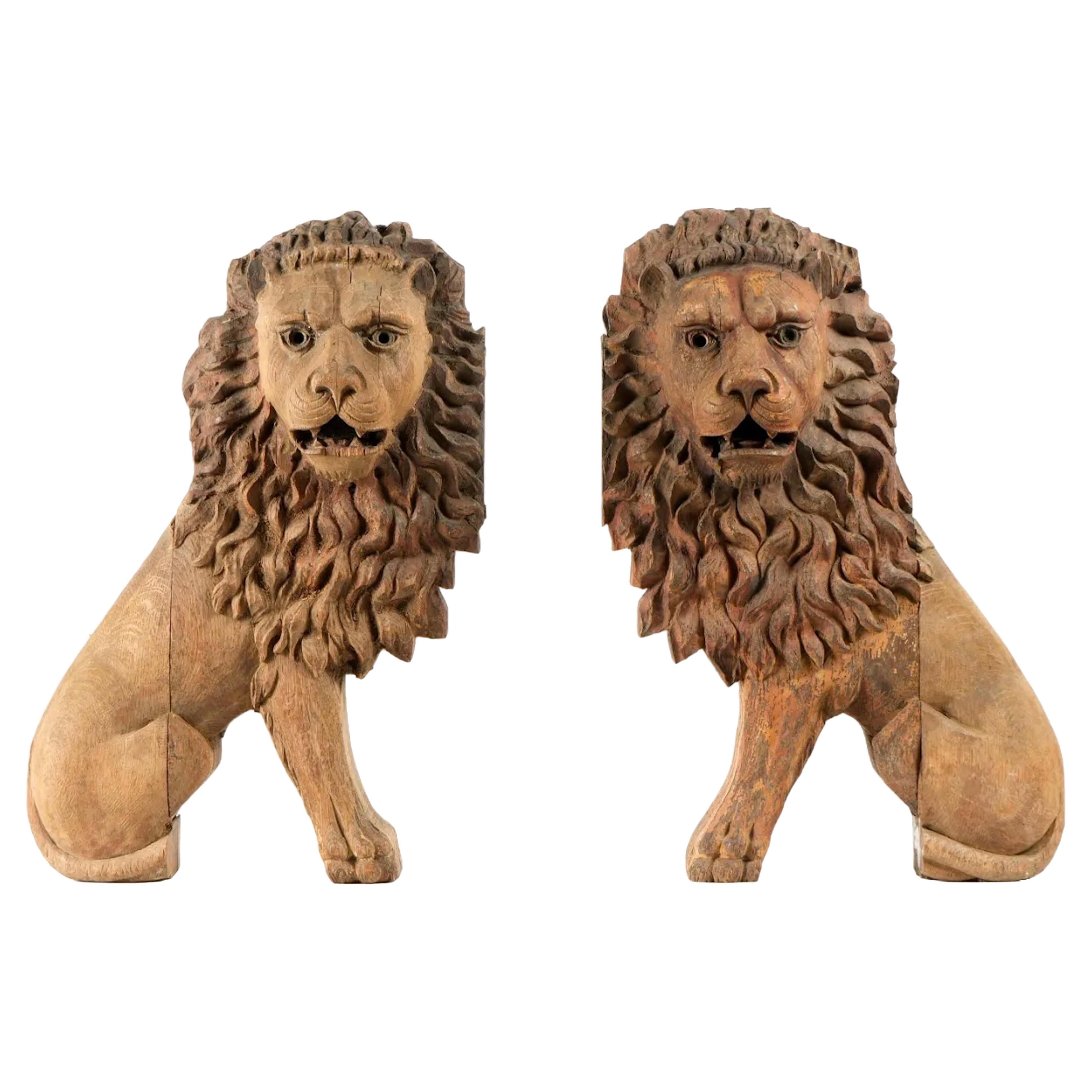 Large Pair of Early 19th Century Carved Wood Lions Traces of Gilt and Paint