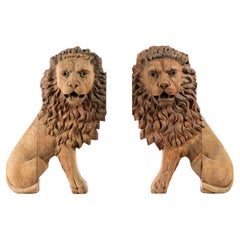 Large Pair of Early 19th Century Carved Wood Lions Traces of Gilt and Paint